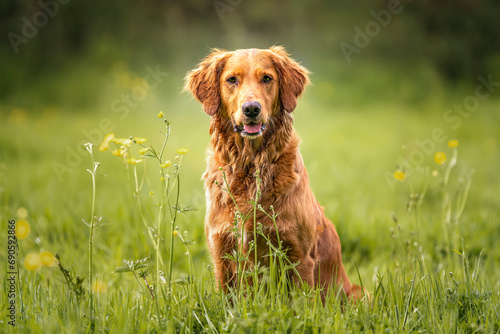 Golden Retriever sitting up in a field looking at the camera