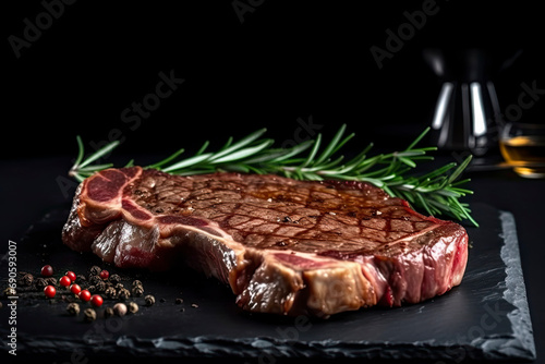 Succulent Farmhouse Rustic Rump Steak with thyme garnish shot against a dark background with wood burner. The perfect image for your bistro or restaurant menu cover art. Copy space.