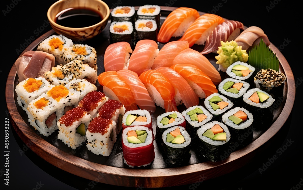 sumptuous sushi platter on dark background sumptuous sushi platter on dark background
