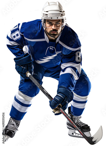 A hockey player in a blue and white uniform stands on the ice with a stick in his hands. Isolated on a transparent background