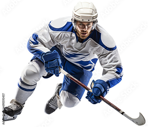 A hockey player in a white and blue uniform does acceleration on the ice with a stick in his hands. Isolated on a transparent background