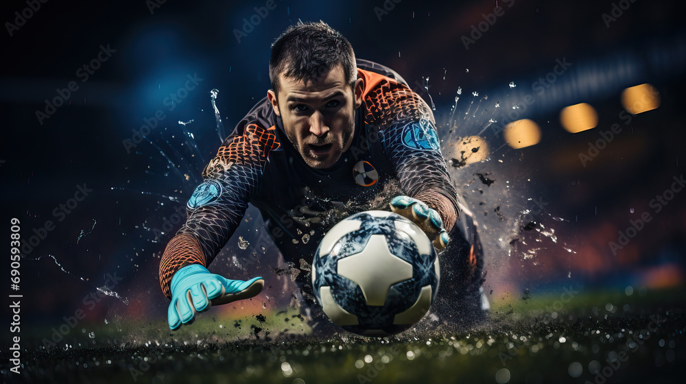 Young soccer goalkeeper in motion, defending the ball. - obrazy, fototapety, plakaty 