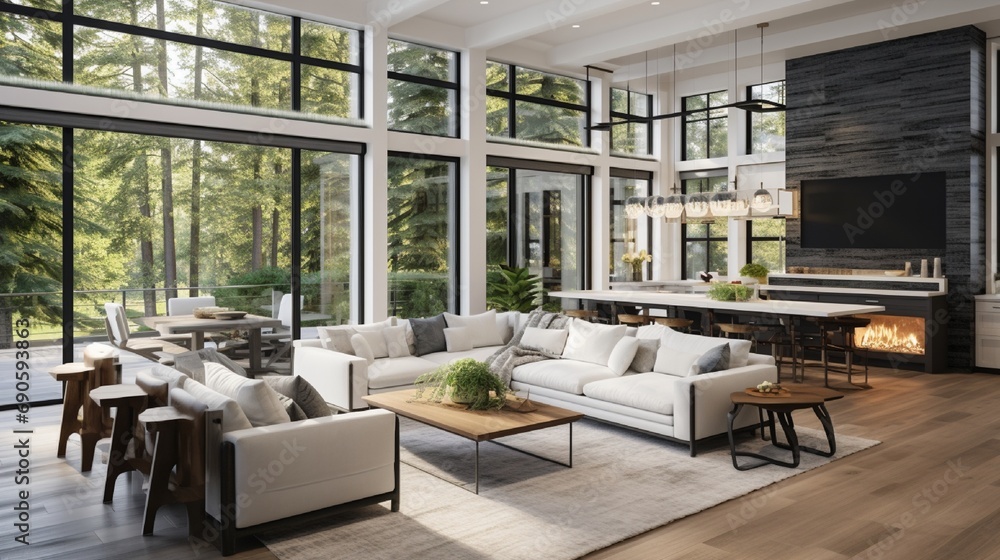 Beautiful Living Room and Kitchen in New Modern Luxury Home. Features Wall of Windows, Floor to Ceiling Fireplace Surround