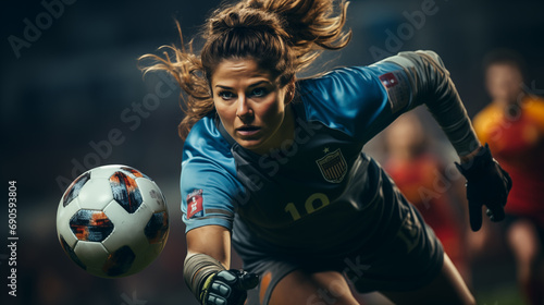 Young female soccer goalkeeper in motion, defending the ball. © nenetus