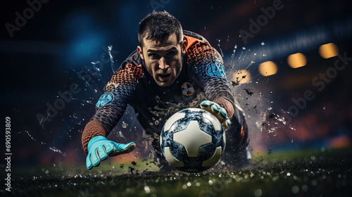 Foto Young soccer goalkeeper in motion, defending the ball.