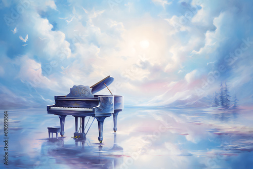 Celestial piano. Oil painting in impressionism style.
