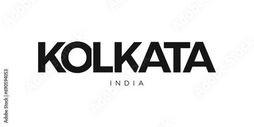 Kolkata in the India emblem. The design features a geometric style, vector illustration with bold typography in a modern font. The graphic slogan lettering.