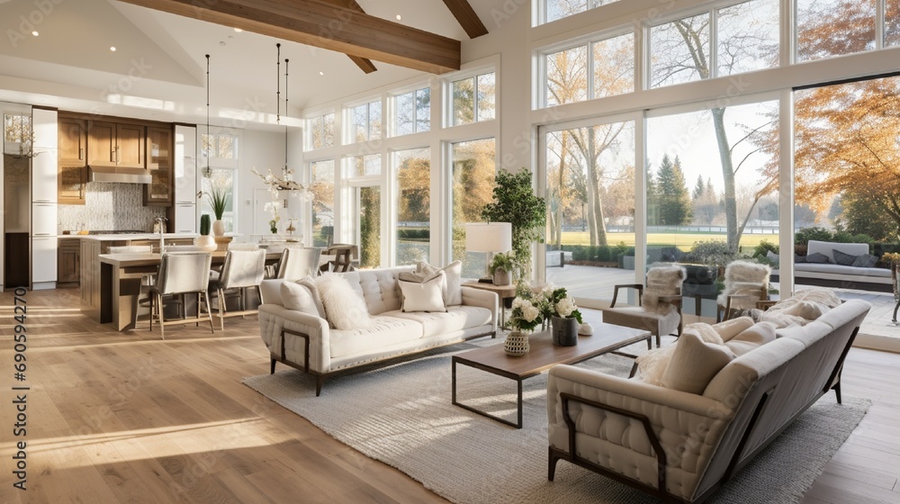 Beautiful living room interior in new luxury home with view of outdoor ...