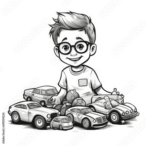 Cute 1st grade boy smiling and playing with toy cars  pixar style kids coloring page