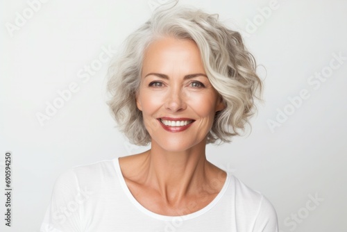 Beautiful gorgeous 50s mid aged mature woman looking at camera isolated on white. Mature old lady close up portrait. Healthy face skin care beauty  middle age skincare cosmetics