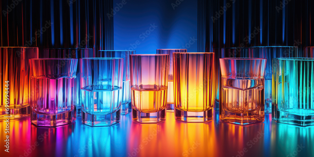 Glassware stacked in a prismatic arrangement reflects a spectrum of neon hues