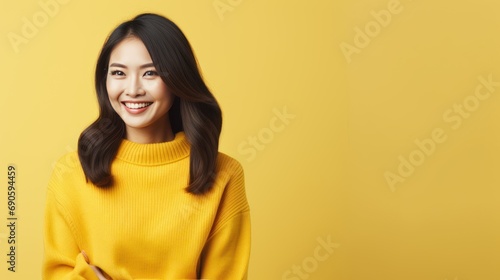Beautiful attractive Asian female in colorful sweater smile cheerful standing against plain background, young happy freelance or designer worker woman soft skin charming face and long curly hairstyle © Rakchanika