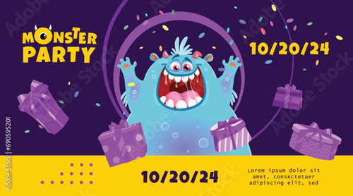 Monster Party Banner Template with Funny Monsters. Happy Birthday Greeting or Invitation Design Template for Anniversary in Cartoon Style. Vector Illustration.