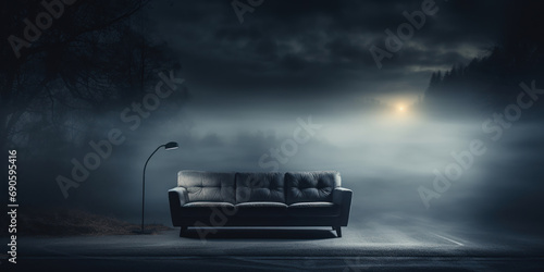Solitary sofa occupies a foggy roadway, creating an eerie yet inviting scene