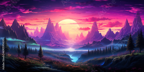 Vivid neon colorful vaporwave synthwave fantasy retro landscape with forest and mountains, wide banner background photo