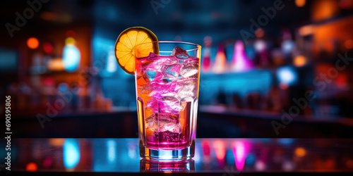 Vibrant drink radiates under neon bar lights photo