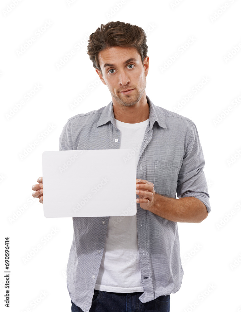 Portrait, sign and man on poster, advertising and mockup space isolated on a white studio background. Serious face, paper and show banner for promotion, info or commercial, marketing or presentation Portrait, sign and man on poster, advertising and mockup space isolated on a white studio background. Serious face, paper and show banner for promotion, info or commercial, marketing or presentation