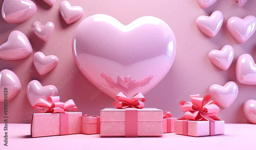 Valentine's day concept with pink balloons, gift boxes and flowers