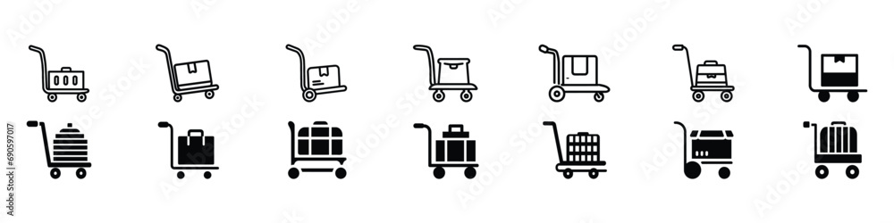 Naklejka premium handcart vector icon, Handcart icon, A handcart with a box vector. Black single handcart 2 heavy cargo boxes line icon, Set icons of shopping baskets and carts, Set of shopping cart icons. 