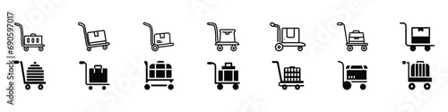 handcart vector icon, Handcart icon, A handcart with a box vector. Black single handcart 2 heavy cargo boxes line icon, Set icons of shopping baskets and carts, Set of shopping cart icons.  photo