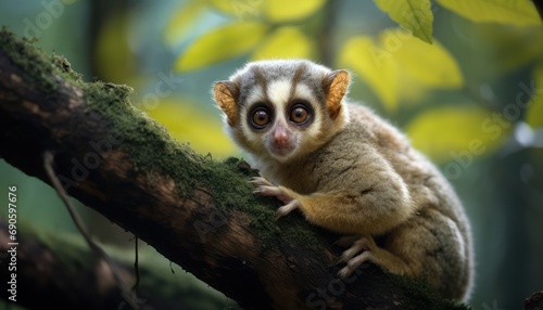 Small Slow Loris Perched on Tree Branch