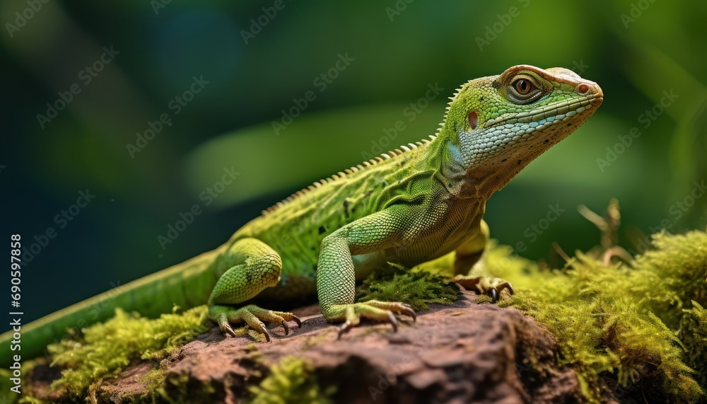 Close-Up of a European Green Lizard on Mossy Surface Close-Up of a European Green Lizard on Mossy Surface