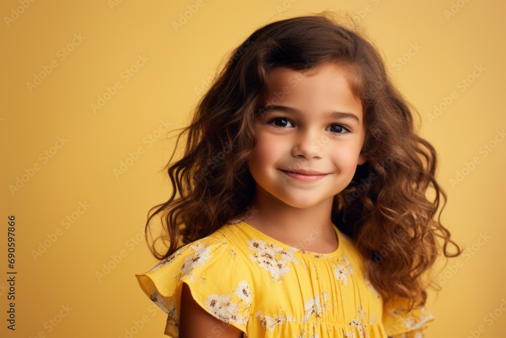 Portrait of a cute little girl with long curly hair on a yellow background Portrait of a cute little girl with long curly hair on a yellow background
