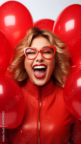 A jubilant woman in red leather and glasses with balloons