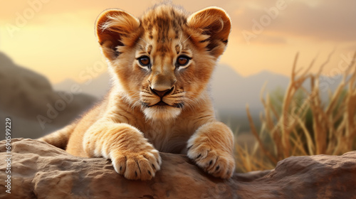 A lion cub lying on a rock. photo
