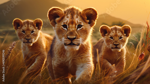 A group of baby lions in a field.