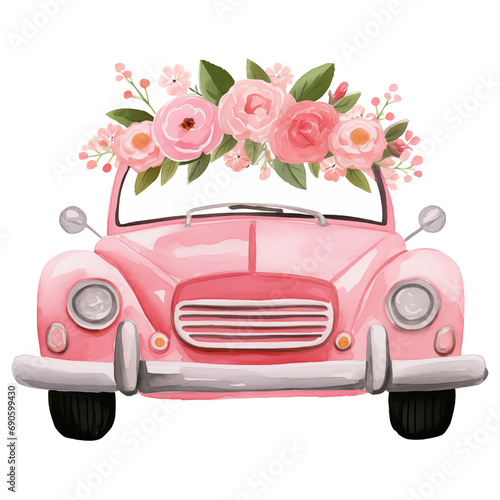 Vintage Car Clipart in Watercolor, Floral and Retro Car Illustrations, Pink Retro Car PNG, Floral Art Decor, Watercolor Vehicles