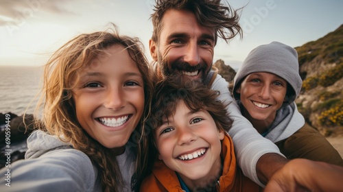 Joyful Family Selfie: A Woman Captures Moments of Love and Unity photo