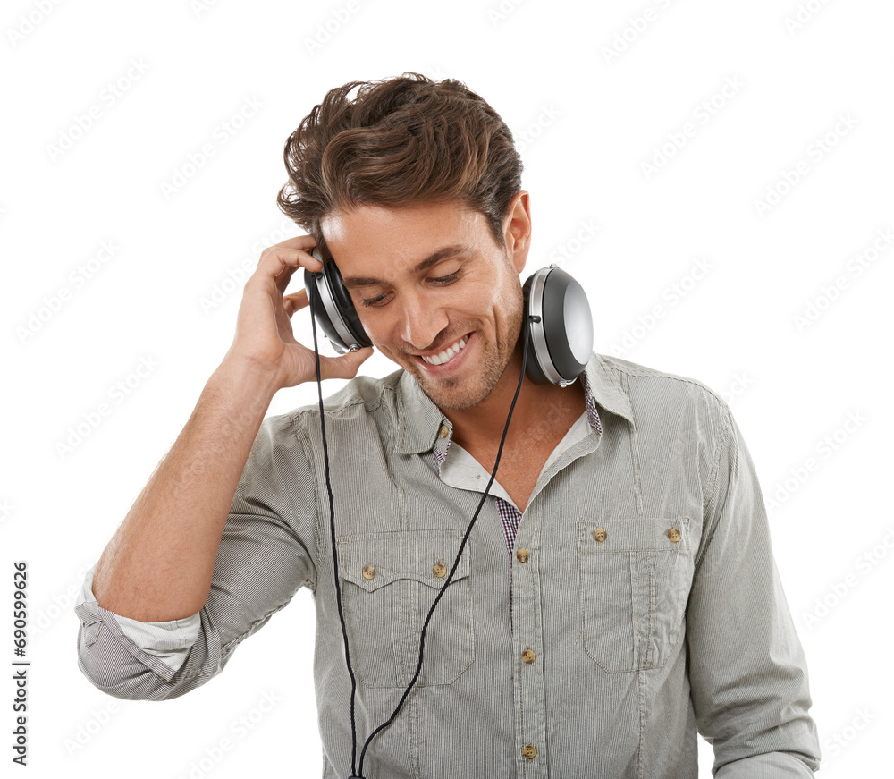 Man, headphones and smile in studio for music, audio subscription or streaming multimedia on white background. Happy guy listening to podcast, hearing sound and radio for song, entertainment or album Man, headphones and smile in studio for music, audio subscription or streaming multimedia on white background. Happy guy listening to podcast, hearing sound and radio for song, entertainment or album