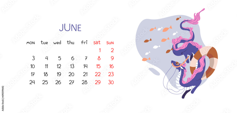 Horizontal calendar for 2024 for month of June with Chinese dragon. Monthly schedule vector illustration isolated on white. Lunar New Year symbol swims in mask and circle underwater with fish.