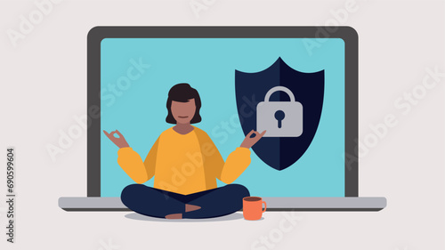 Vektor-Illustration einer Person, die entspannt vor einem Laptop Yoga macht - Online-Sicherheitskonzept