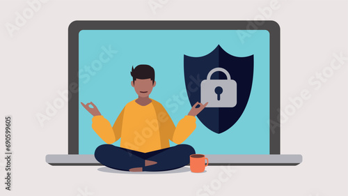 Vektor-Illustration einer Person, die entspannt vor einem Laptop Yoga macht - Online-Sicherheitskonzept