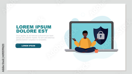 Vektor-Illustration einer Person, die entspannt vor einem Laptop Yoga macht - Online-Sicherheitskonzept