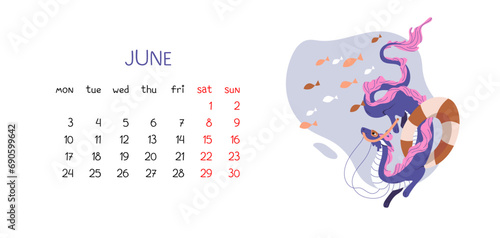 Horizontal calendar for 2024 for month of June with Chinese dragon. Monthly schedule vector illustration isolated on white. Lunar New Year symbol swims in mask and circle underwater with fish.