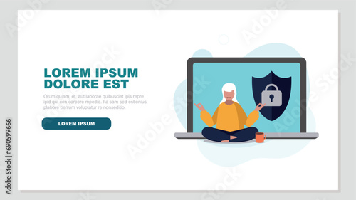 Vektor-Illustration einer Person, die entspannt vor einem Laptop Yoga macht - Online-Sicherheitskonzept