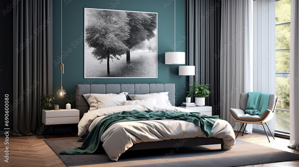 Modern Clean Contemporary White and Blue Bedroom Interior Design, AI ...