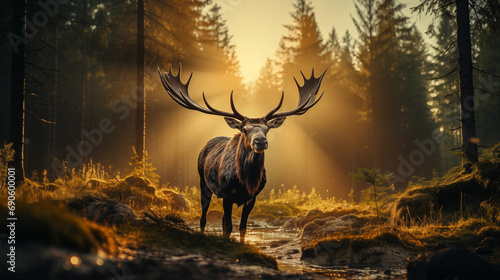 Big male Bull red deer in deep moose coniferous forest in rays of sunset © gustav