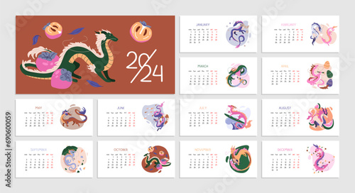 Calendar new 2024 year with flying dragons, symbol of Chinese year. Monthly template series. Wall calendar in flat style. Week start on Monday. Horizontal printable page design. Vector illustration