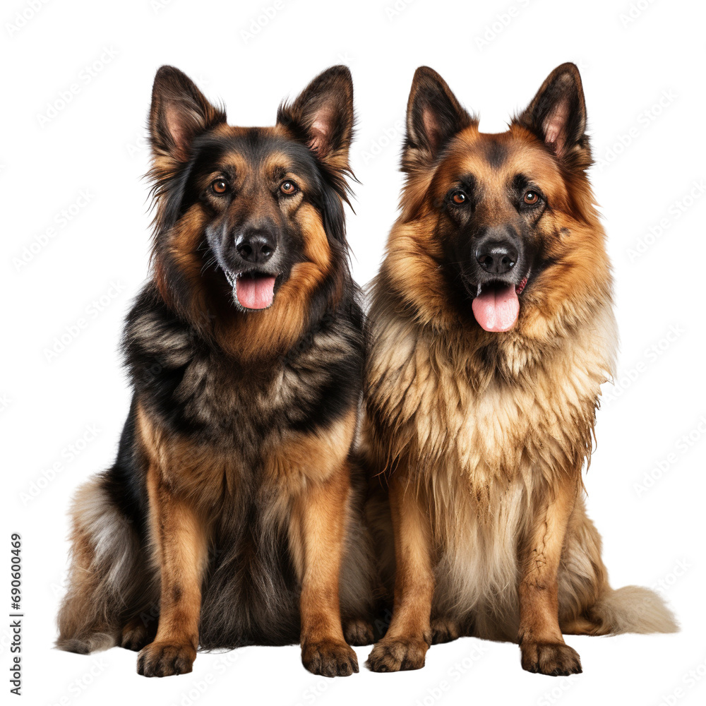 Two German shepherd dogs with brown and black fur sitting isolated on white background Two German shepherd dogs with brown and black fur sitting isolated on white background