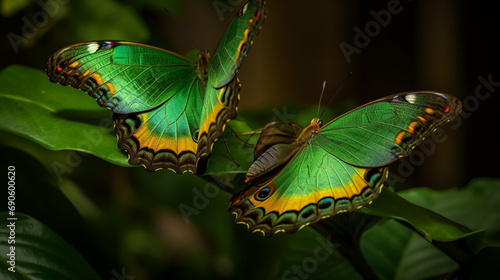 Exotic butterflies on green leaves selective focus. Generative AI,