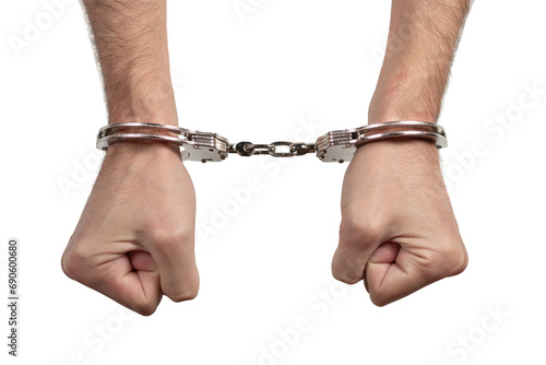 Stampa su tela Man's hands in handcuffs on a white background, isolated
