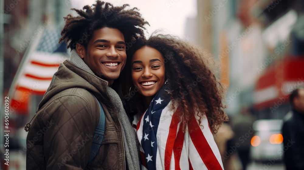 Happy two afro woman and man with American flag on the Independence Day holidays of the United States of America. Happy two afro woman and man with American flag on the Independence Day holidays of the United States of America.