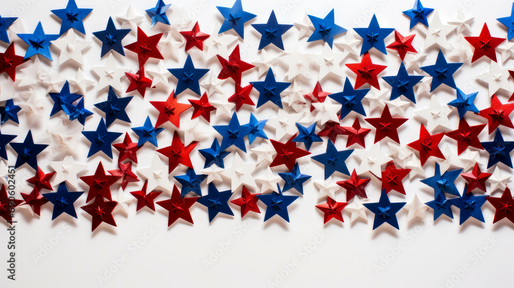 Star confetti in the colors of the United States of America flag on a white background. Star confetti in the colors of the United States of America flag on a white background.