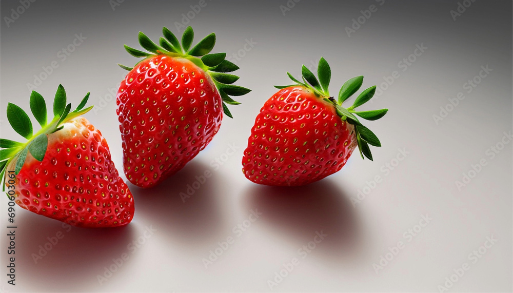 Três morangos maduros sobre uma superfície de cor neutra e reluzente.