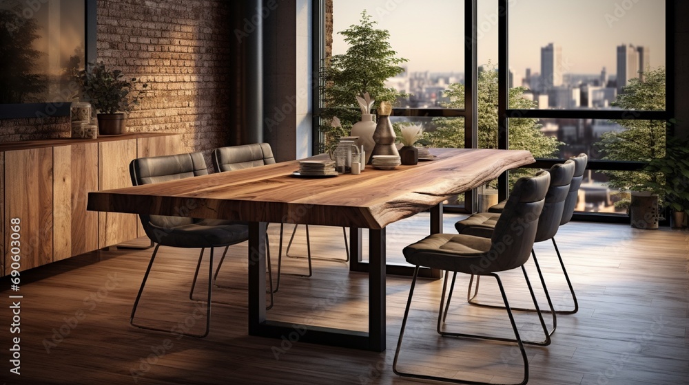 Dining room with wooden table and floor in modern apartment. Interior design