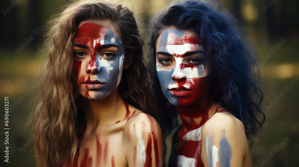 Two cute girls with their faces painted in the colors of the flag of the United States of America.